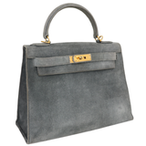 Hermès 28cm Kelly Sellier Doblis Gris Suede Leather Gold Hardware