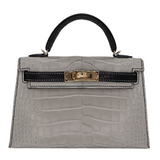 Hermès Kelly II Sellier Mini HSS Gris Perle/Black Matte Alligator Permabrass Hardware