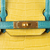 Herm�s 30cm Birkin HSS Mimosa/Bleu Paon Matte Porosus Crocodile Brushed Gold Hardware
