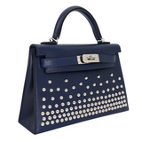 Hermès Kelly II Sellier Mini Cloute Bleu Abyss Box Calf Studded Leather Palladium Hardware