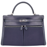 Hermès 35cm Kelly Lakis Bleu Marine Toile/Box Calf Leather Palladium Hardware