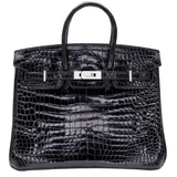 Hermès 25cm Birkin Black Shiny Porosus Crocodile Diamond Hardware