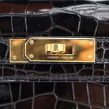 Hermès Kelly Cut Black Shiny Porosus Crocodile Gold Hardware