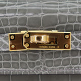 Herm�s 25cm Kelly Sellier Gris Cement Shiny Alligator Gold Hardware